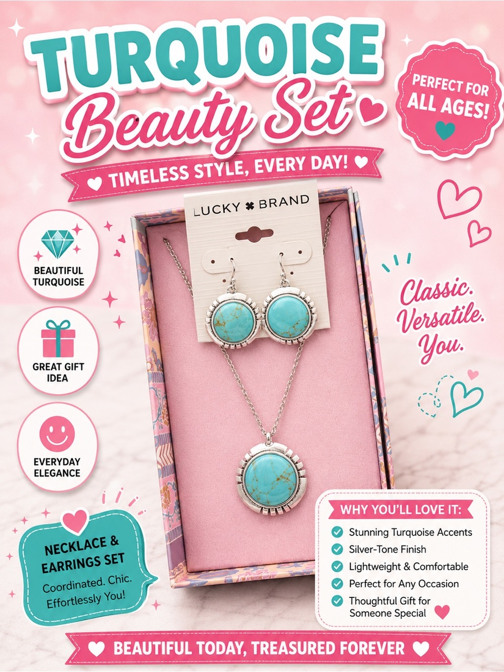 Lucky Brand Turquoise Pendant Necklace and Earrings Set - Turquoise & Silver